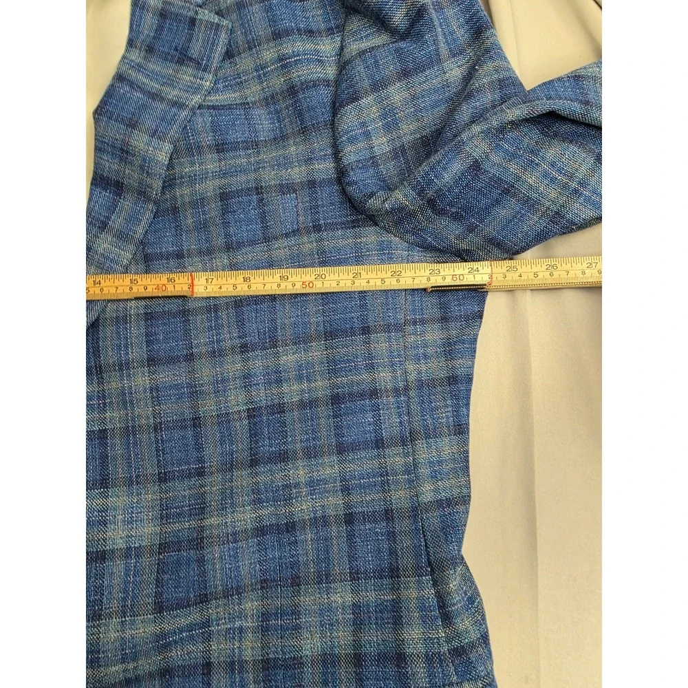 Samuelsohn Mens 50 Long Blue Plaid Wool Silk Linen Sport Coat Carlo Barbera